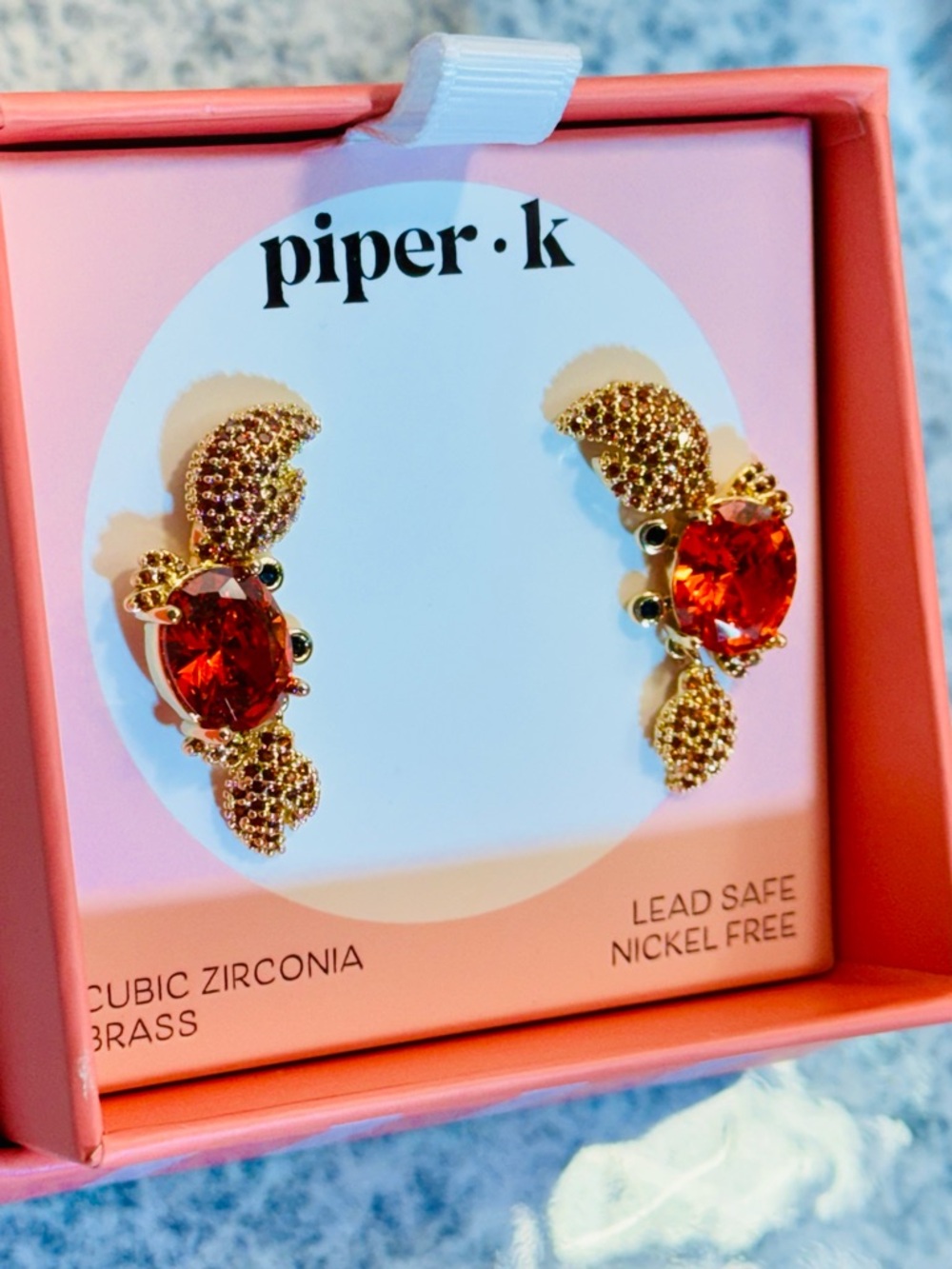 NWT Piper.K Gold Crab Earrings with Bright Orange Gems - Picture 2 of 9